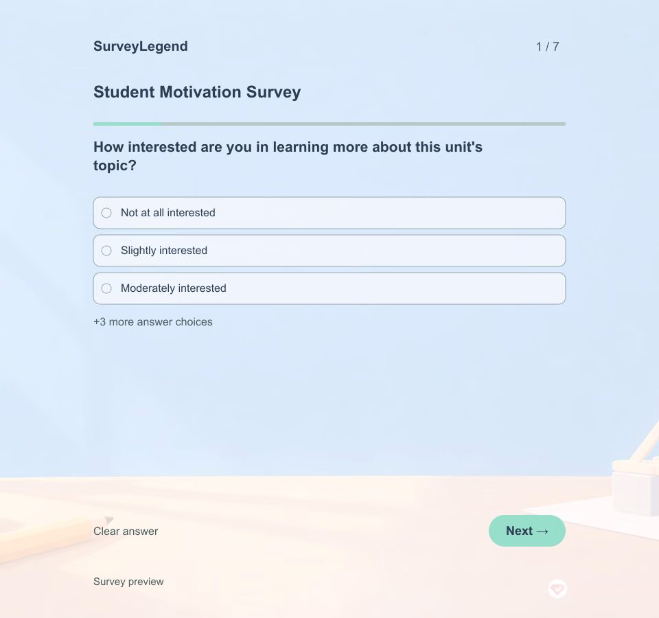 Preview of the Student Motivation Survey Template showing its first question and answer choices