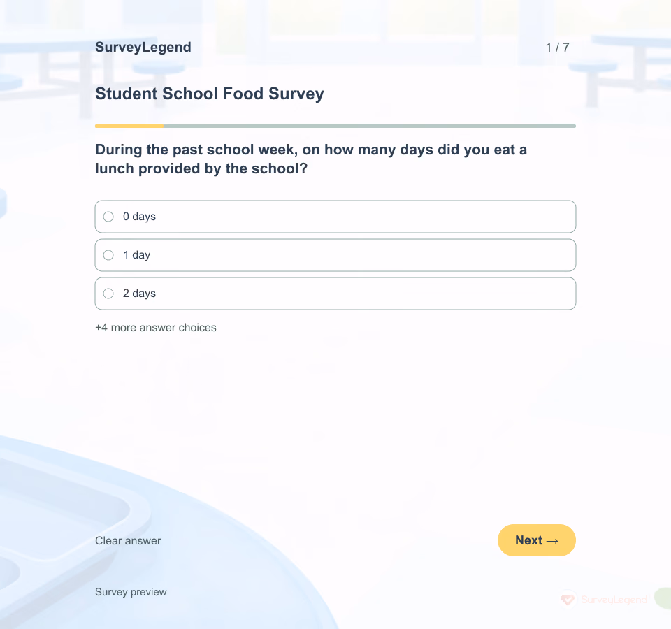 Preview of the Student School Food Survey Template showing its first question and answer choices