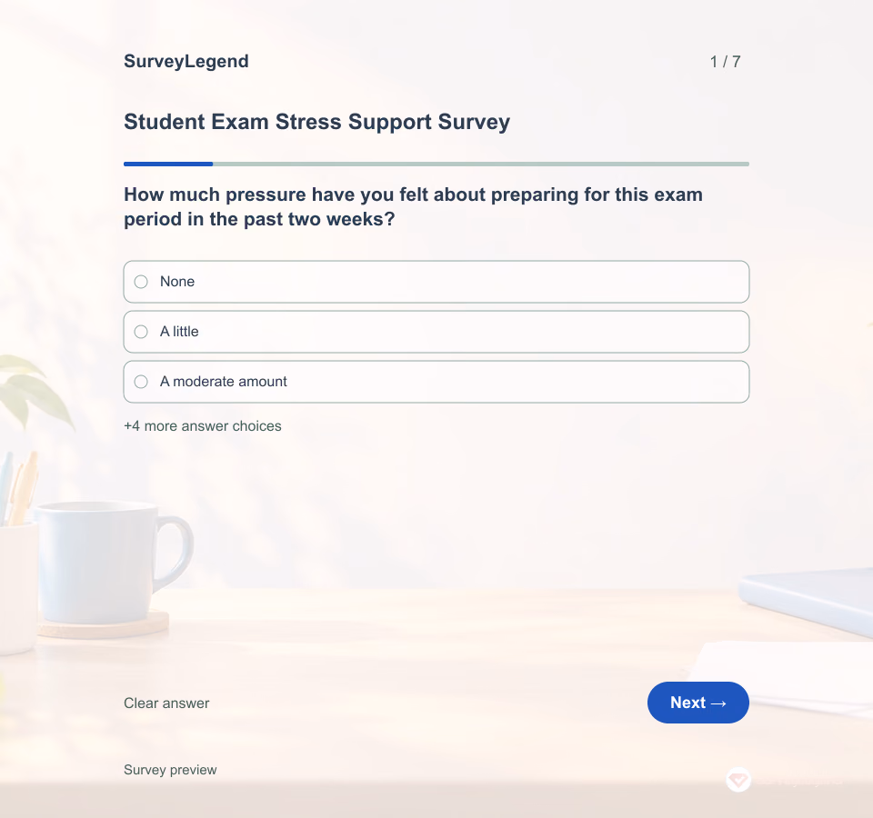 Preview of the Student Exam Stress Support Survey Template showing its first question and answer choices