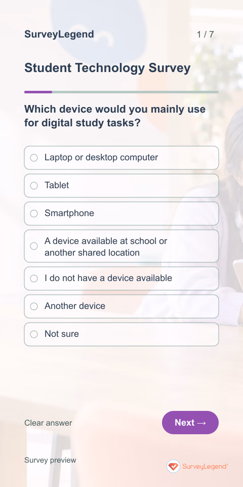 Student Technology Survey: first question and response field, mobile preview