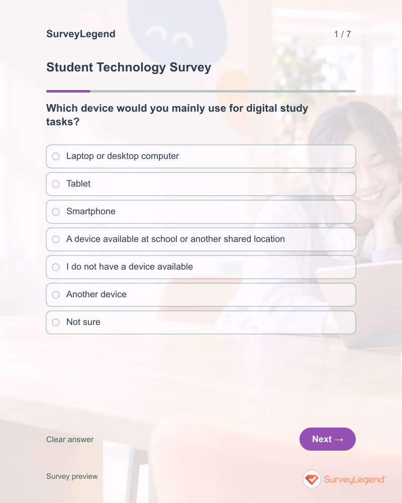 Student Technology Survey: first question and response field, tablet preview