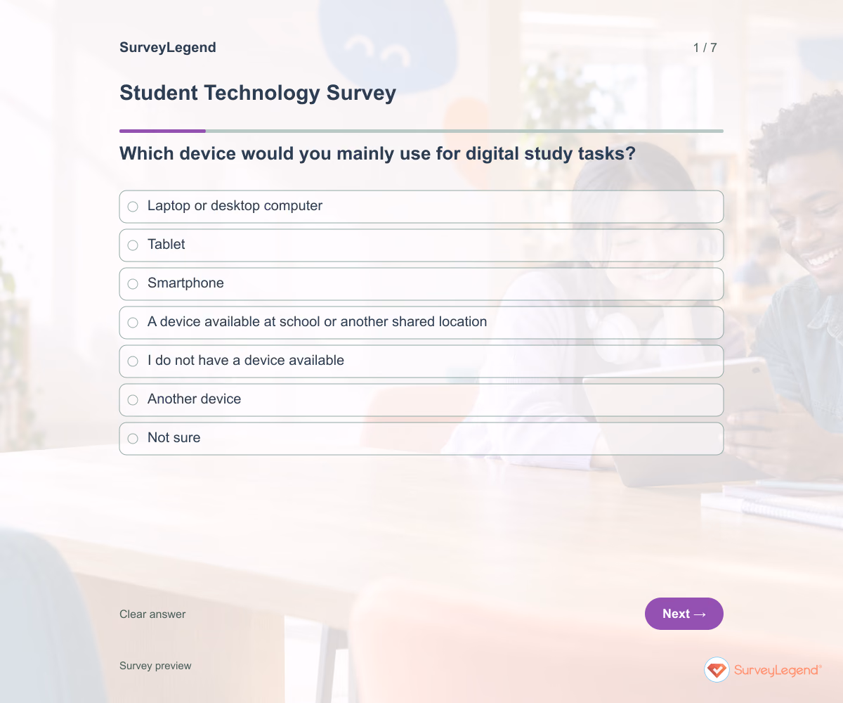 Preview of the Student Technology Survey demo showing its first question and answer choices