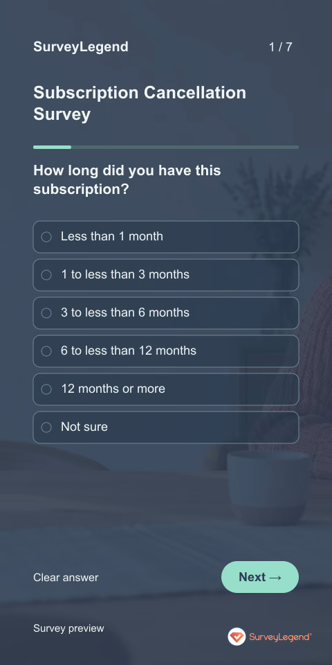 Subscription Cancellation Survey: first question and response field, mobile preview