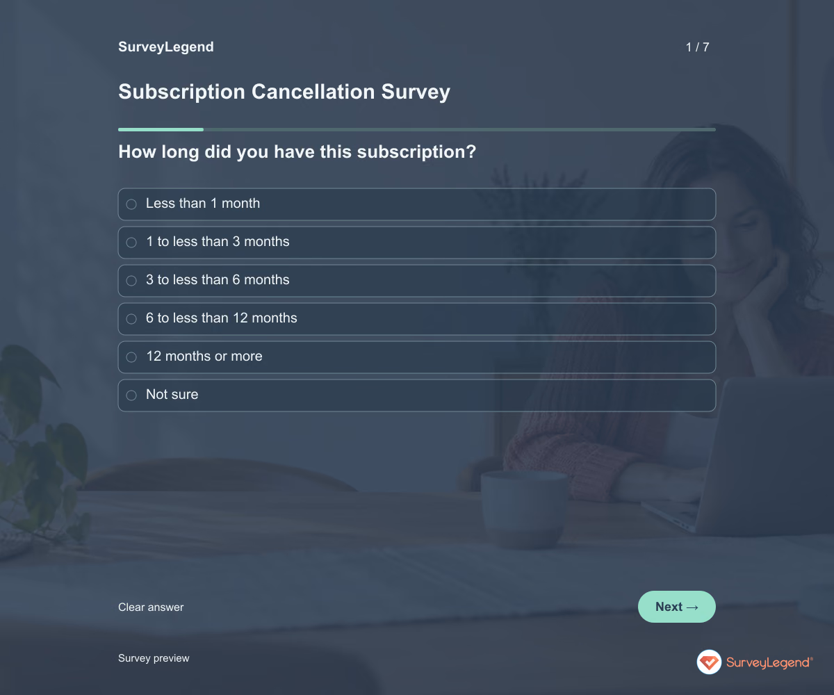 Preview of the Subscription Cancellation Survey demo showing its first question and answer choices