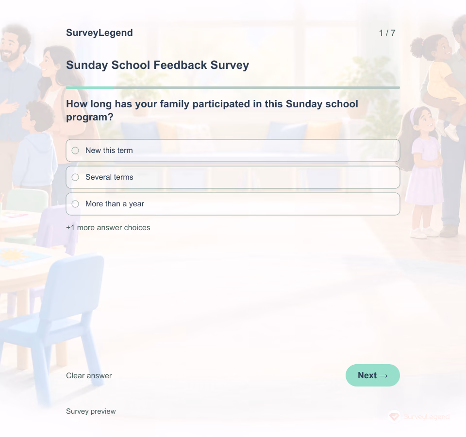 Preview of the Sunday School Feedback Survey Template showing its first question and answer choices