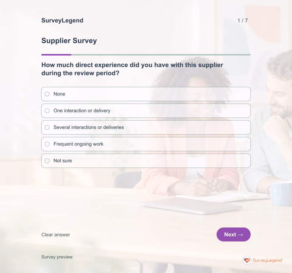 Preview of the Supplier Survey Template demo showing its first question and answer choices