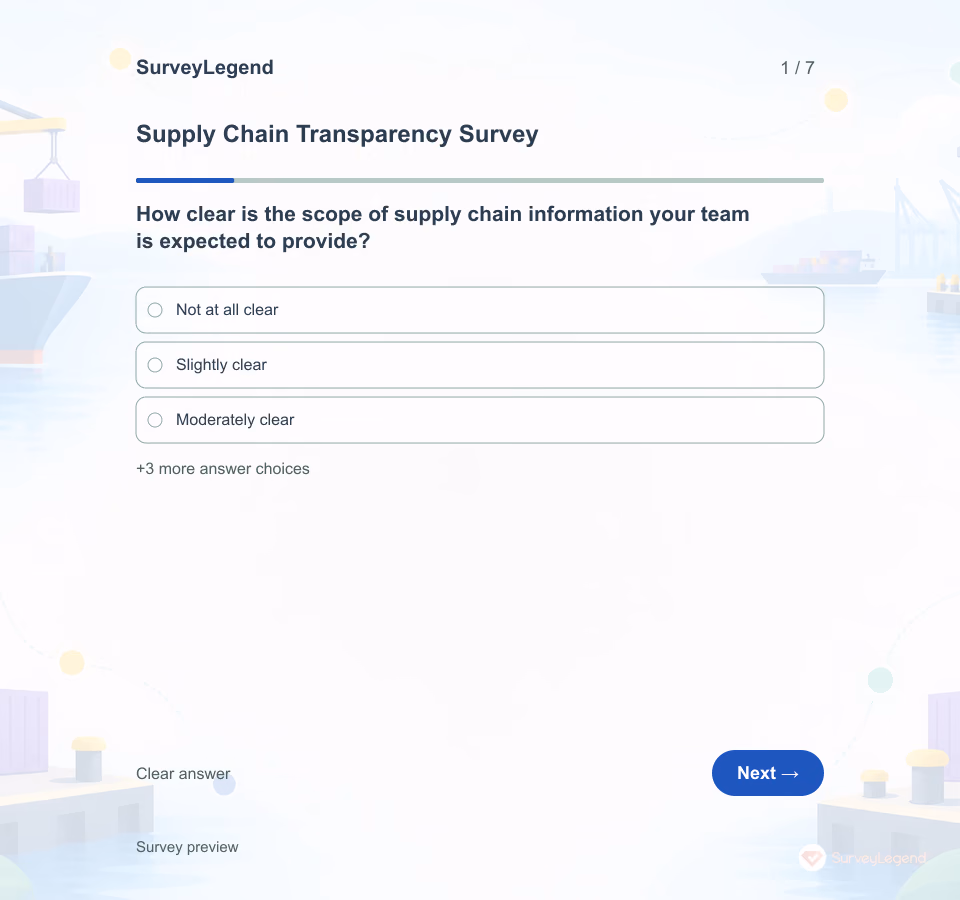 Preview of the Supply Chain Transparency Survey Template showing its first question and answer choices