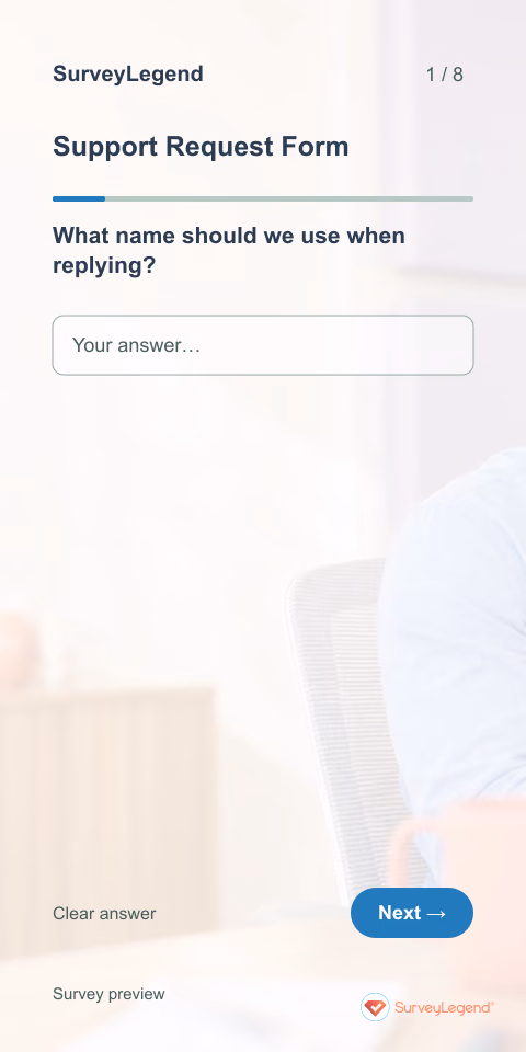 Support Request Form: first question and response field, mobile preview