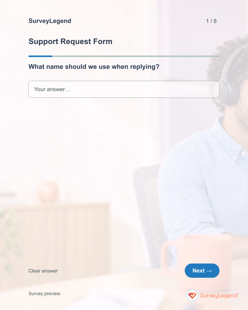 Support Request Form: first question and response field, tablet preview