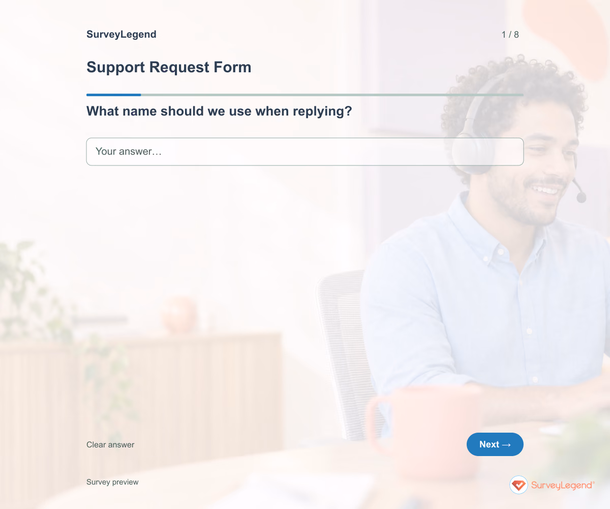 Preview of the Support Request Form demo showing its first question and answer choices