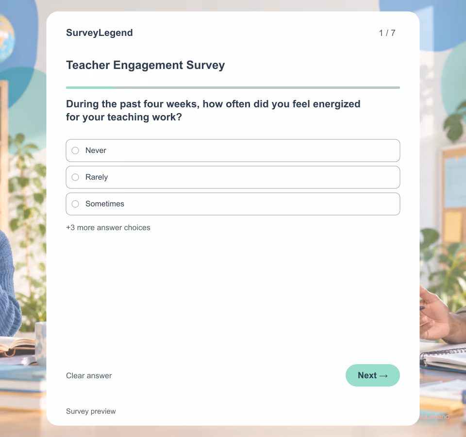 Preview of the Teacher Engagement Survey Template showing its first question and answer choices