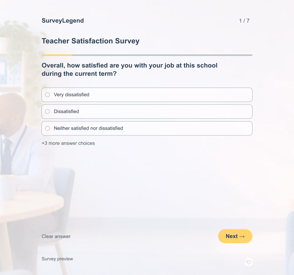 Preview of the Teacher Satisfaction Survey Template showing its first question and answer choices
