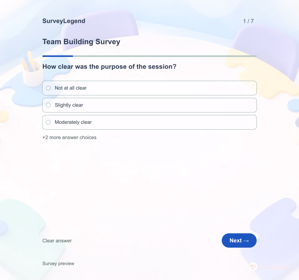 Preview of the Team Building Survey Template showing its first question and answer choices