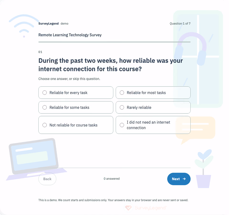 Preview of the Remote Learning Technology Survey Template showing its first question and answer choices