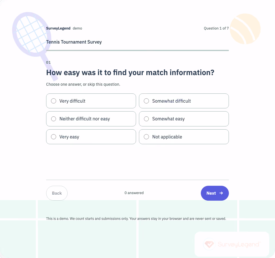 Tennis Tournament Survey Template — first question and response options