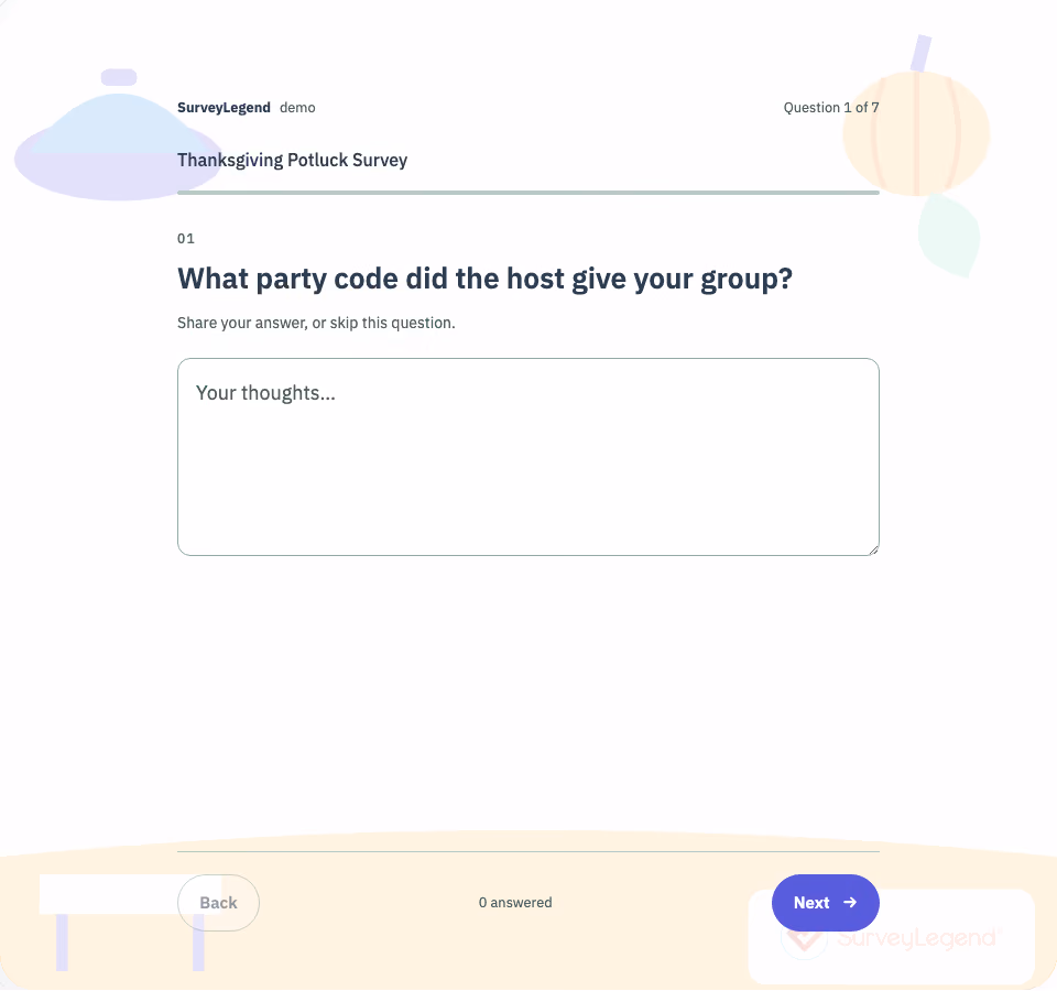 Thanksgiving Potluck Survey Template — first question and response options