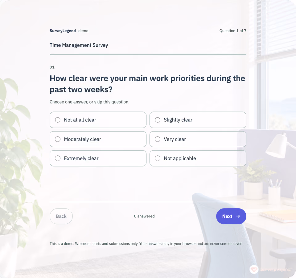 Preview of the Time Management Survey Template showing its first question and answer choices