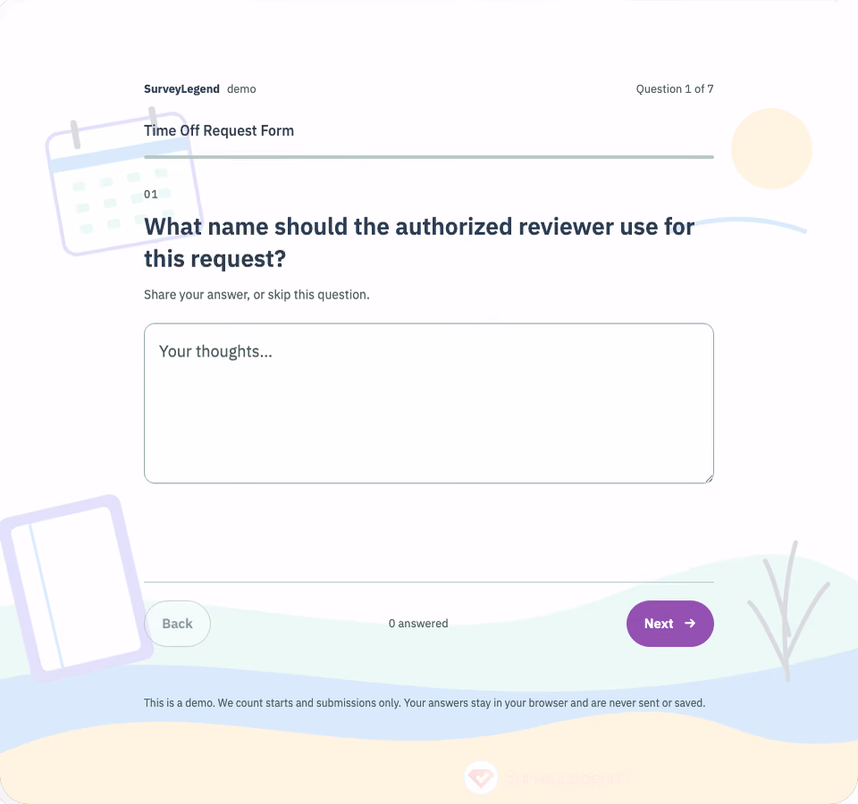 Preview of the Time Off Request Form Template showing its first question and answer choices