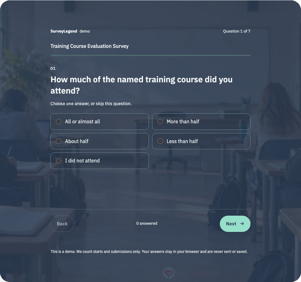 Preview of the Training Course Evaluation Survey Template showing its first question and answer choices