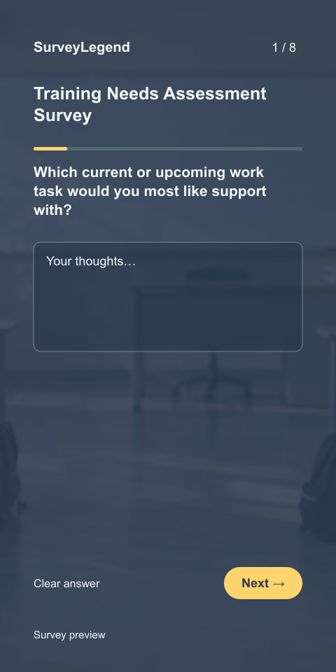 Training Needs Assessment Survey: first question and response field, mobile preview