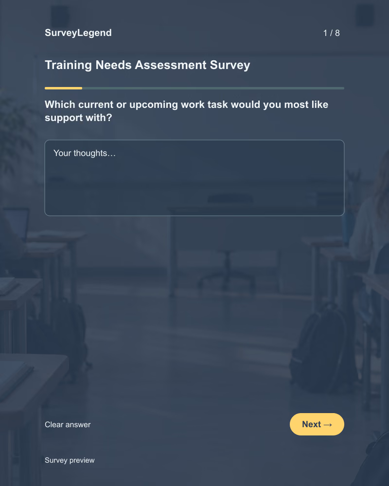 Training Needs Assessment Survey: first question and response field, tablet preview