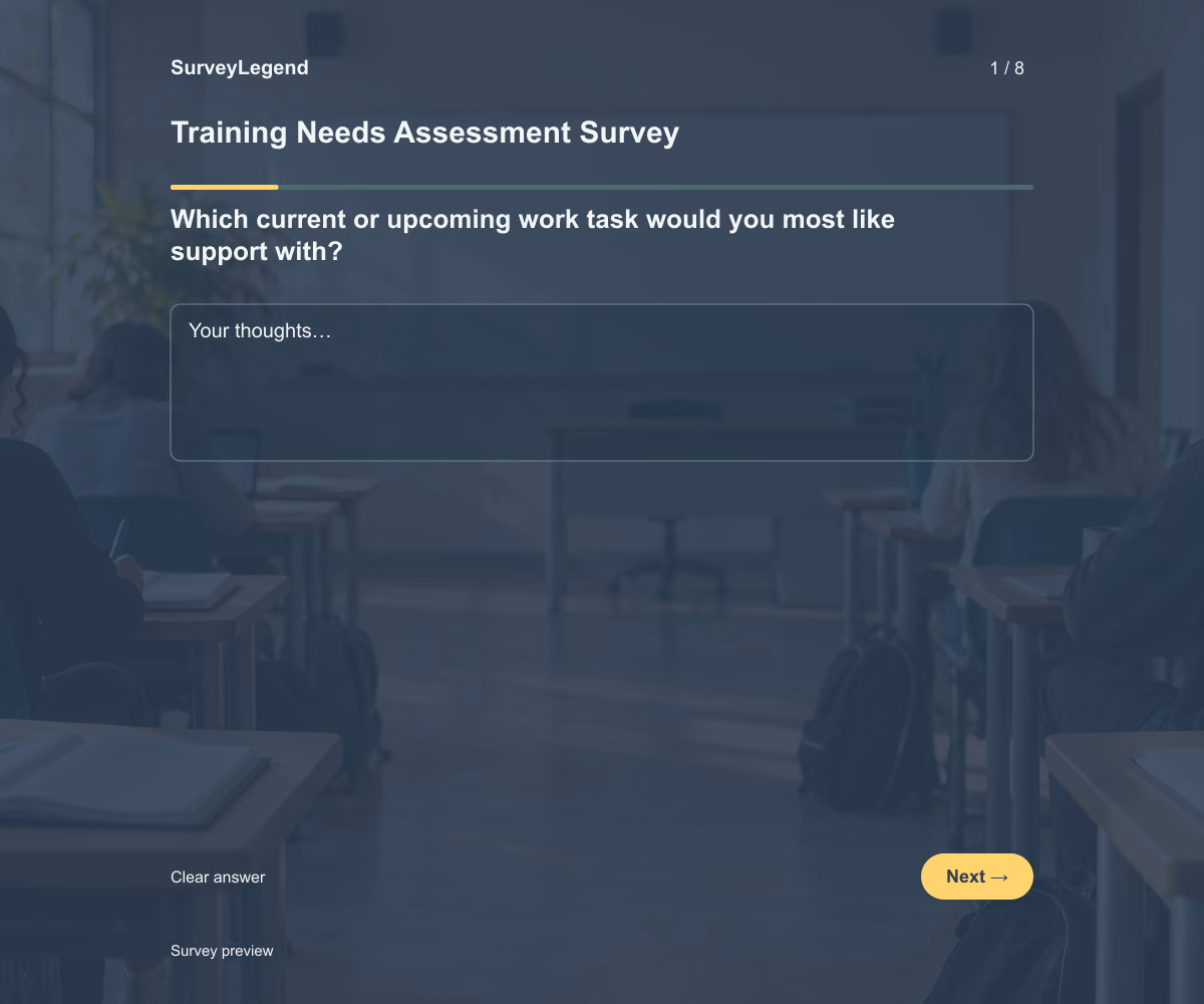 Preview of the Training Needs Assessment Survey demo showing its first question and response field
