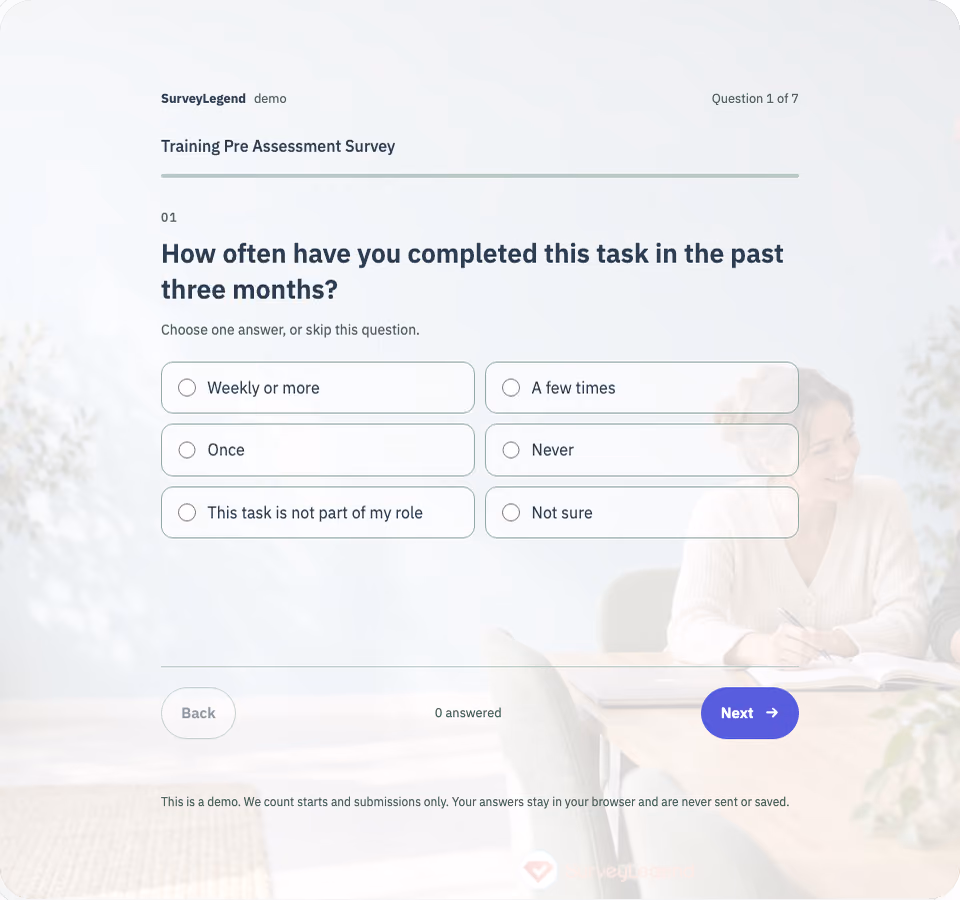 Preview of the Training Pre Assessment Survey Template showing its first question and answer choices
