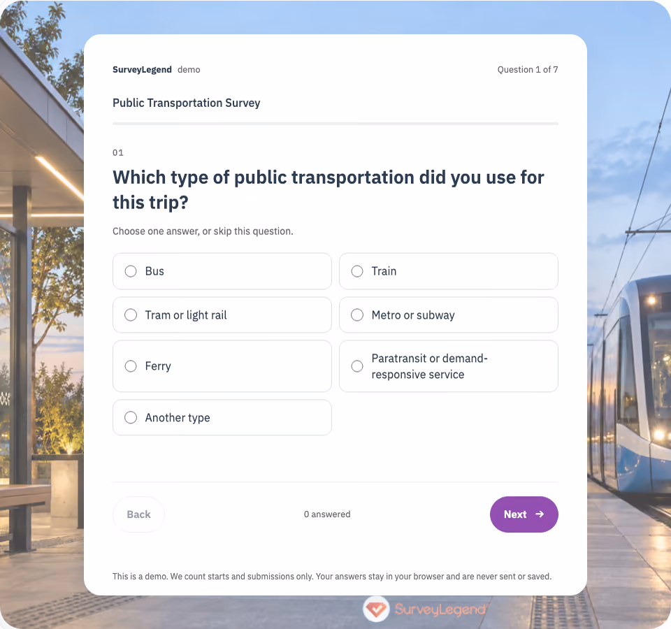 Preview of the Public Transportation Survey Template showing its first question and answer choices