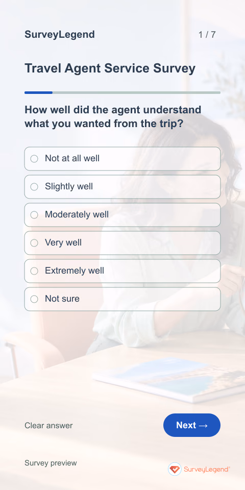 Travel Agent Service Survey: first question and response field, mobile preview