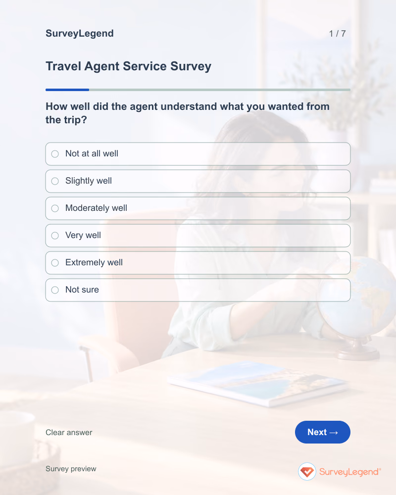 Travel Agent Service Survey: first question and response field, tablet preview