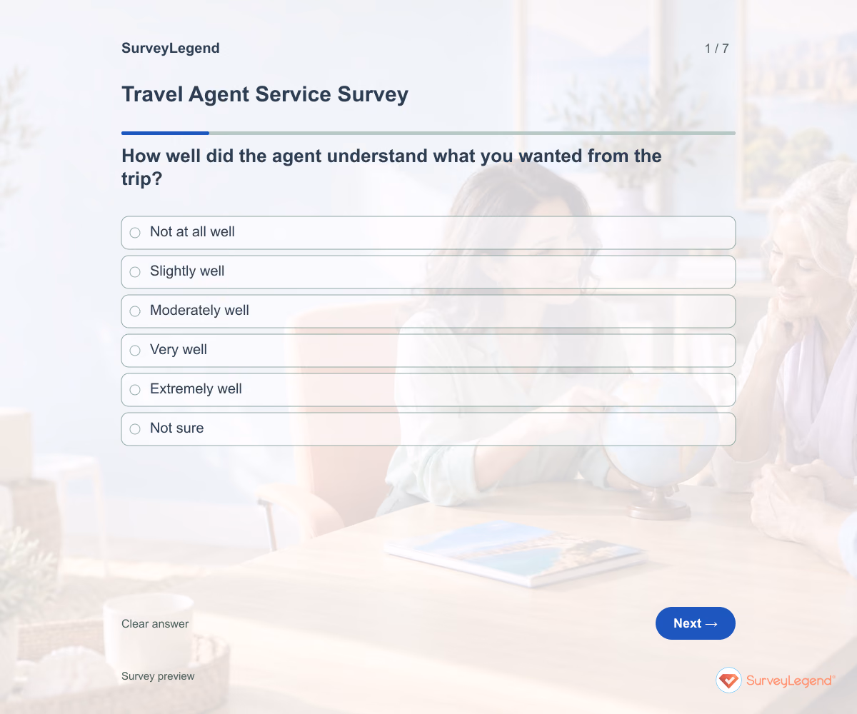Preview of the Travel Agent Service Survey demo showing its first question and answer choices