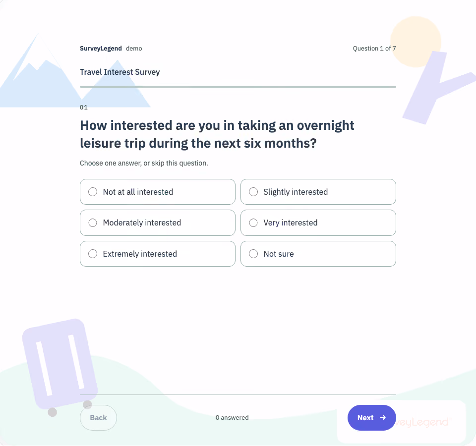 Travel Interest Survey Template — first question and response options