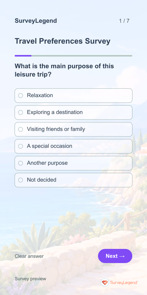 Travel Preferences Survey: first question and response field, mobile preview