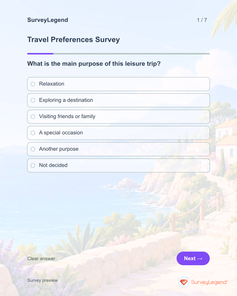 Travel Preferences Survey: first question and response field, tablet preview