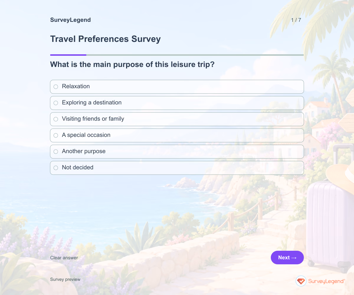 Preview of the Travel Preferences Survey demo showing its first question and answer choices
