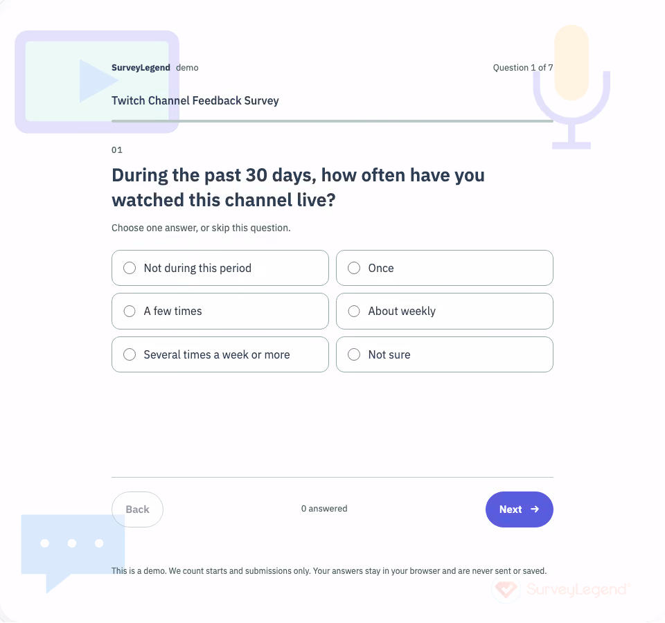 Twitch Channel Feedback Survey Template — first question and response options