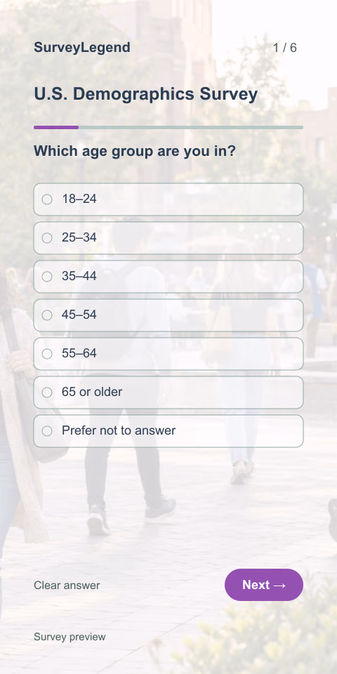 U.S. Demographics Survey: first question and response field, mobile preview