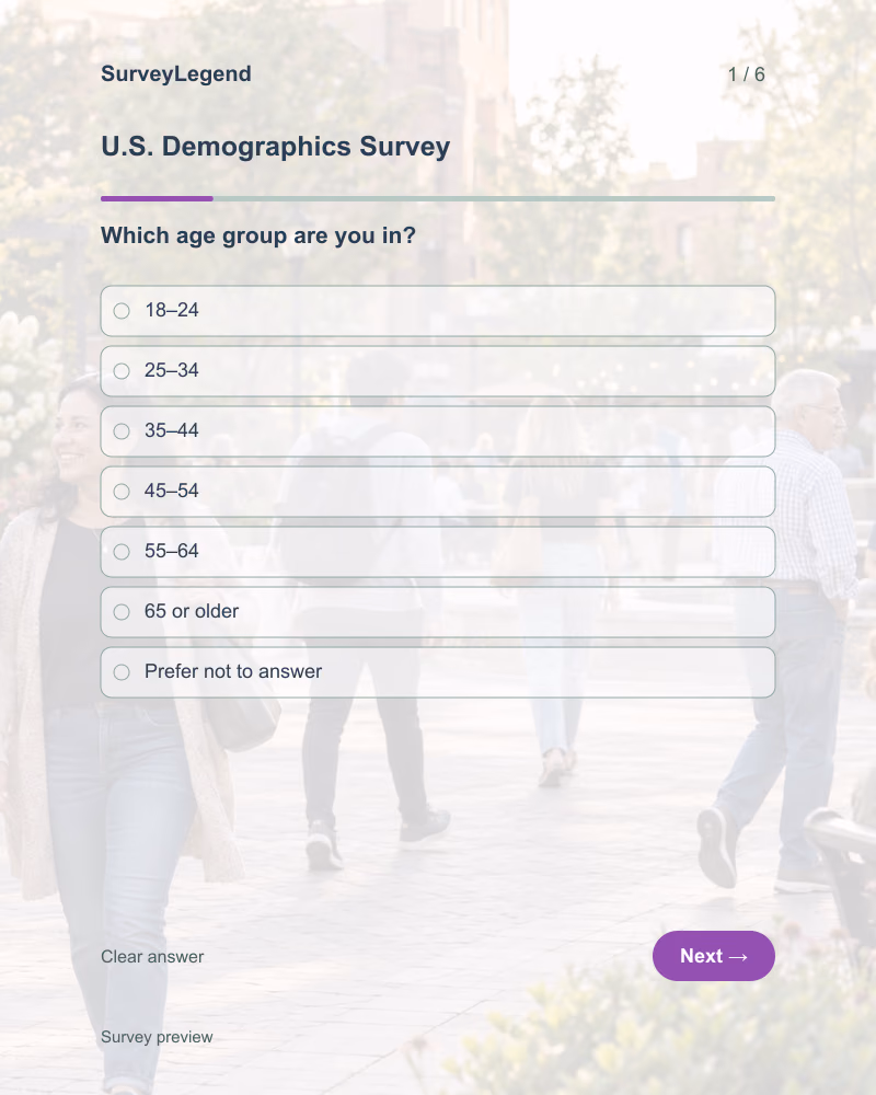 U.S. Demographics Survey: first question and response field, tablet preview