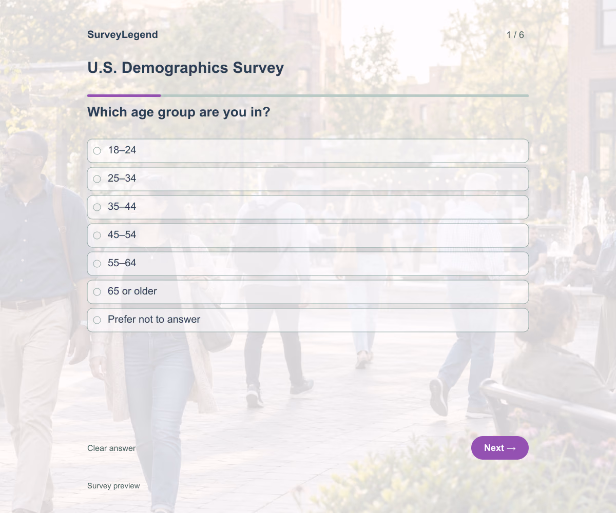 Preview of the U.S. Demographics Survey demo showing its first question and response field