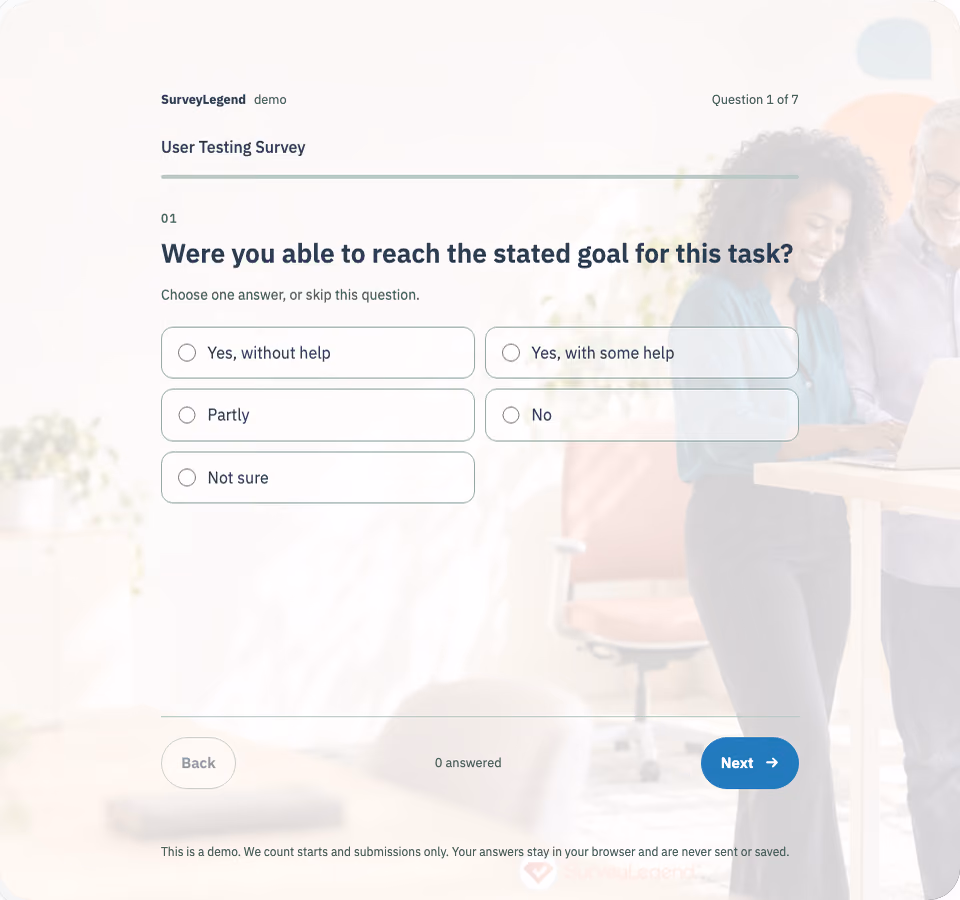 Preview of the User Testing Survey Template showing its first question and answer choices