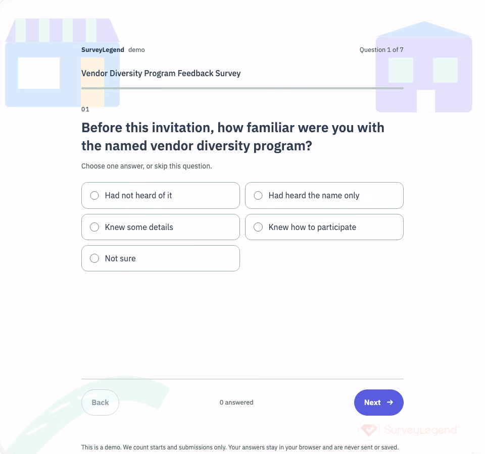 Vendor Diversity Program Feedback Survey Template — first question and response options