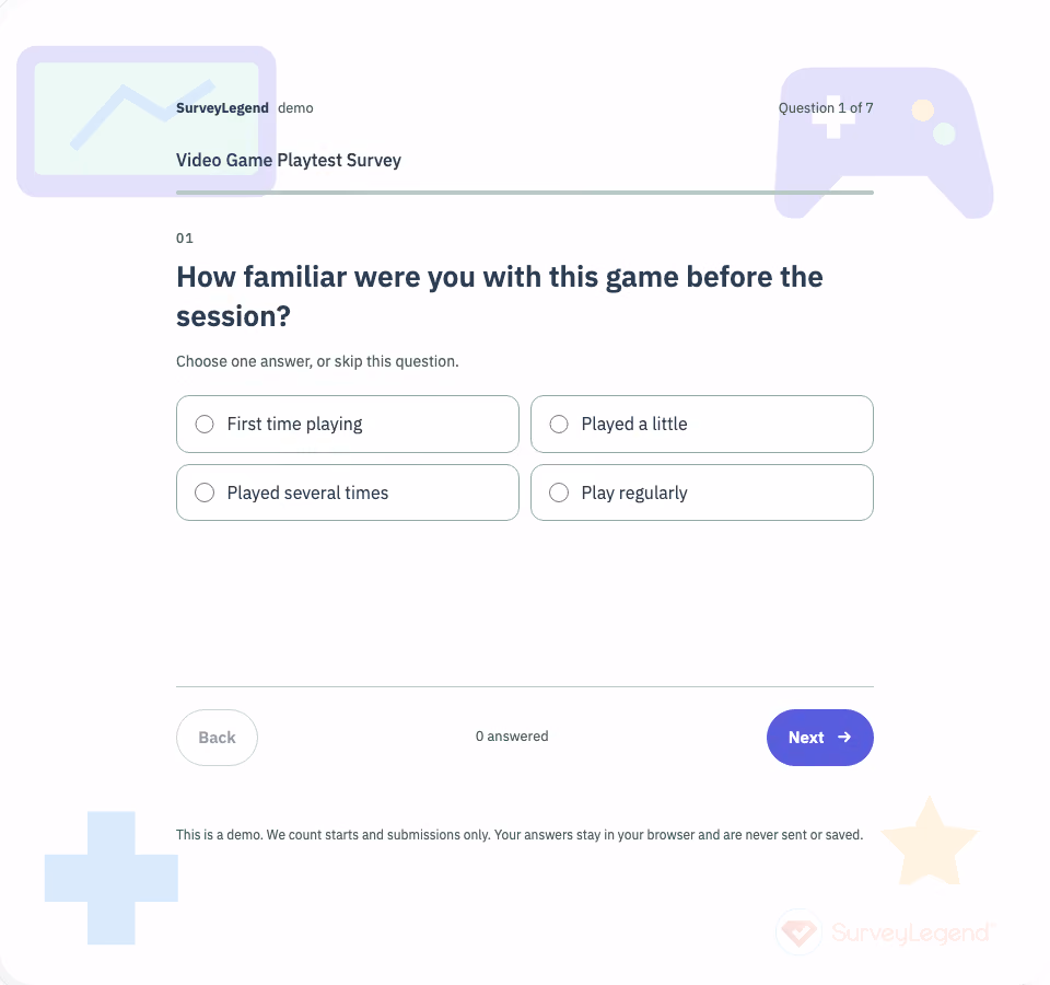 Video Game Playtest Survey Template — first question and response options