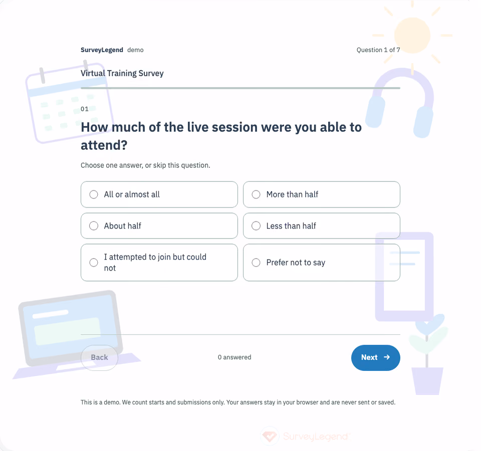 Preview of the Virtual Training Survey Template showing its first question and answer choices
