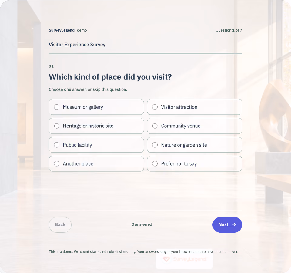 Preview of the Visitor Experience Survey Template showing its first question and answer choices