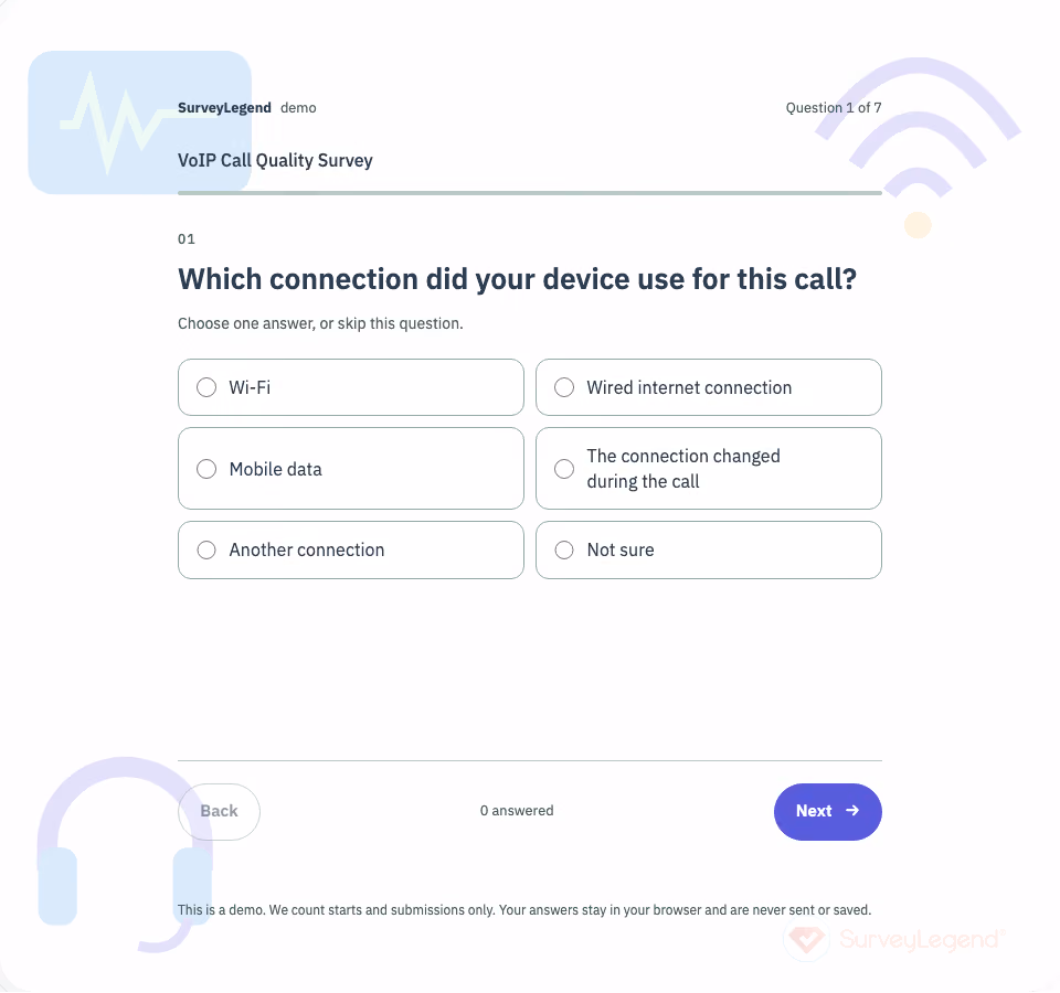 VoIP Call Quality Survey Template — first question and response options