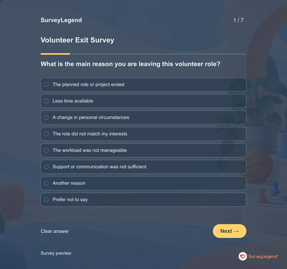 Preview of the Volunteer Exit Survey Template demo showing its first question and answer choices