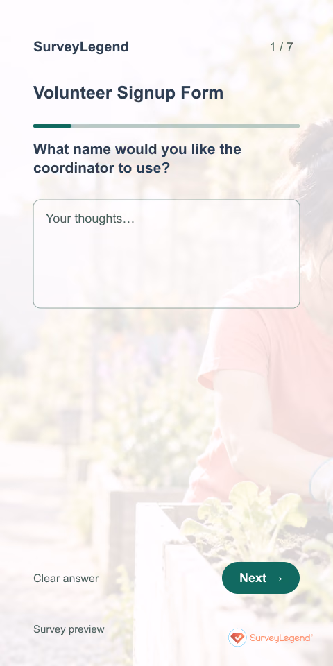 Volunteer Signup Form: first question and response field, mobile preview