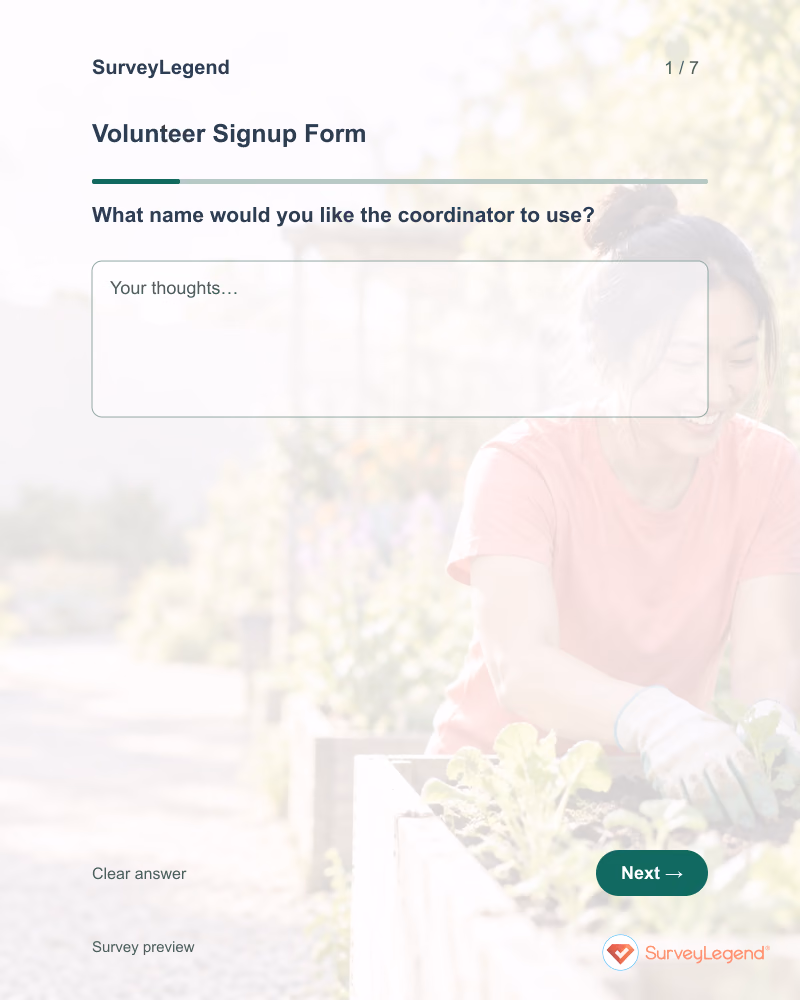 Volunteer Signup Form: first question and response field, tablet preview