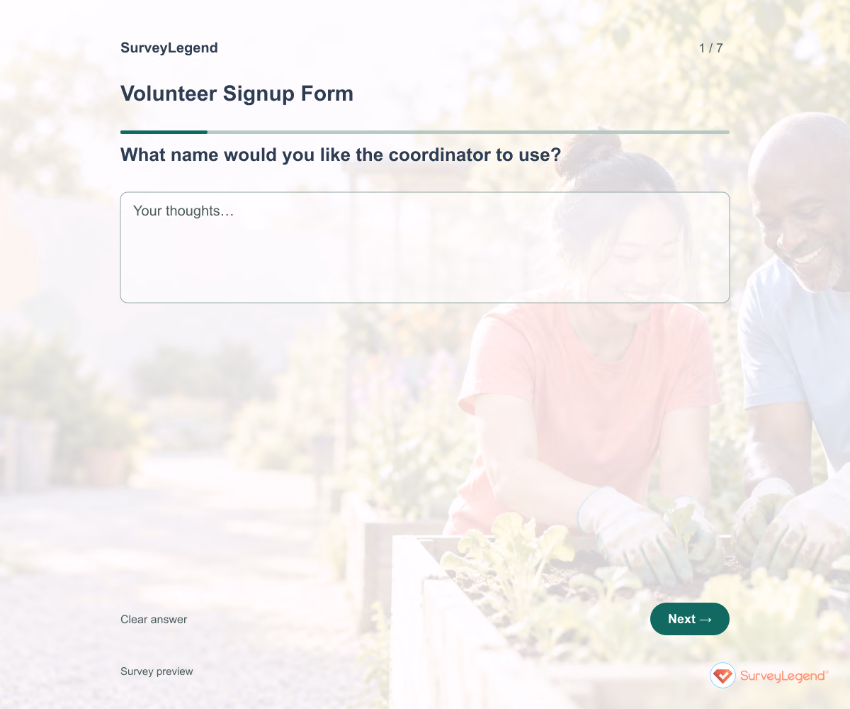 Preview of the Volunteer Signup Form demo showing its first question and answer choices