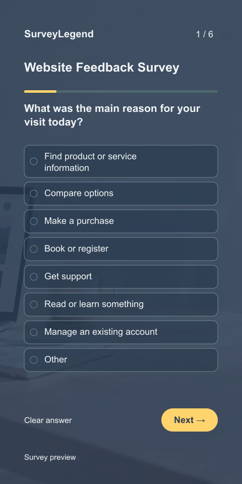 Website Feedback Survey: first question and response field, mobile preview